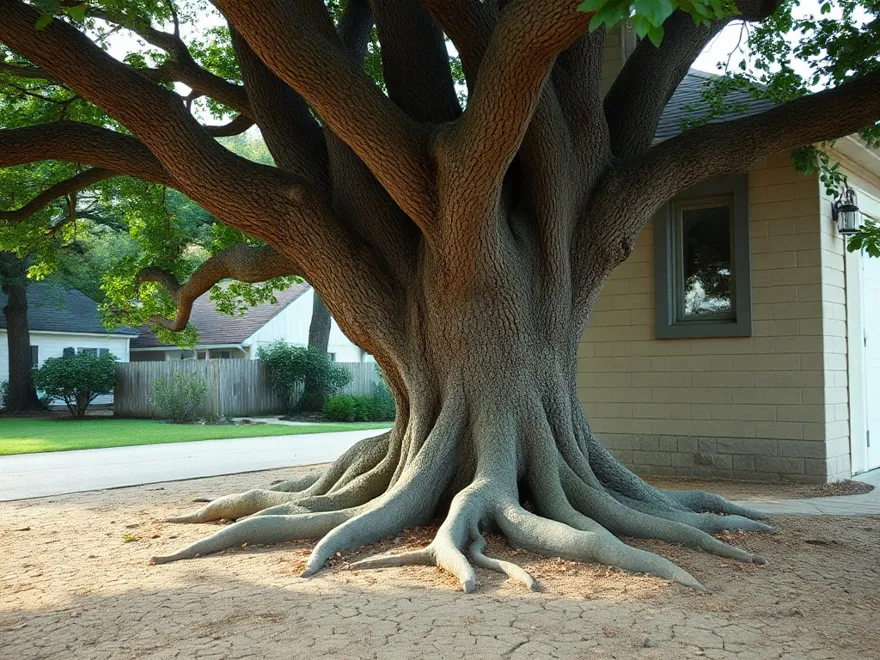 Mature oak growing close to a house corner with surface roots crossing dry cracked clay