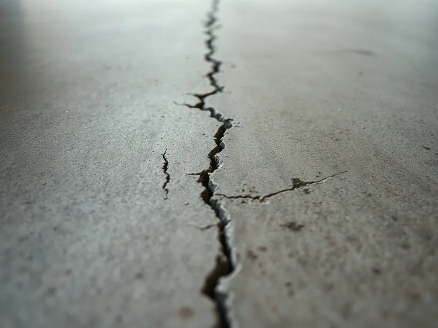 Hairline crack across a residential concrete slab floor with the covering pulled back