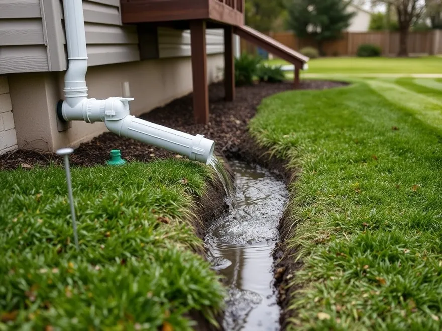 Downspout extension carrying roof water away from a foundation across a graded lawn