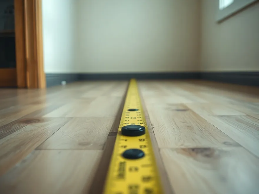 Long spirit level laid across an uneven interior floor showing a visible slope