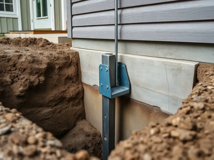 Steel push pier bracket installed against a concrete footing in an excavated pit