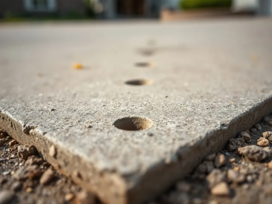 Small drilled injection holes in a settled concrete driveway slab being lifted level