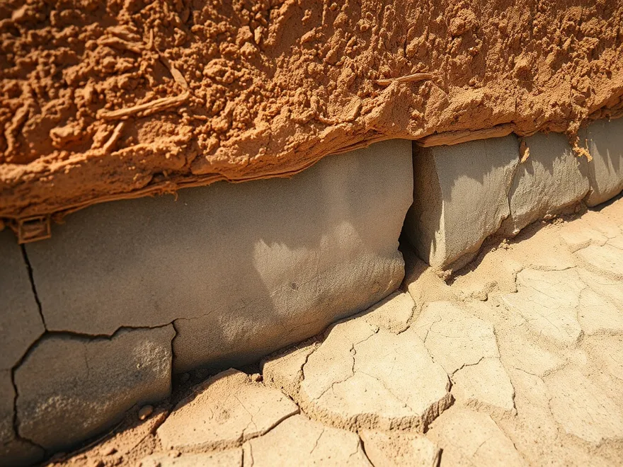 Dry expansive clay soil shrunk away from a concrete house footing leaving an open gap