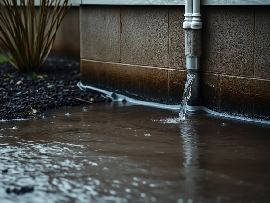 Rainwater pooling in saturated soil directly against a residential concrete foundation wall