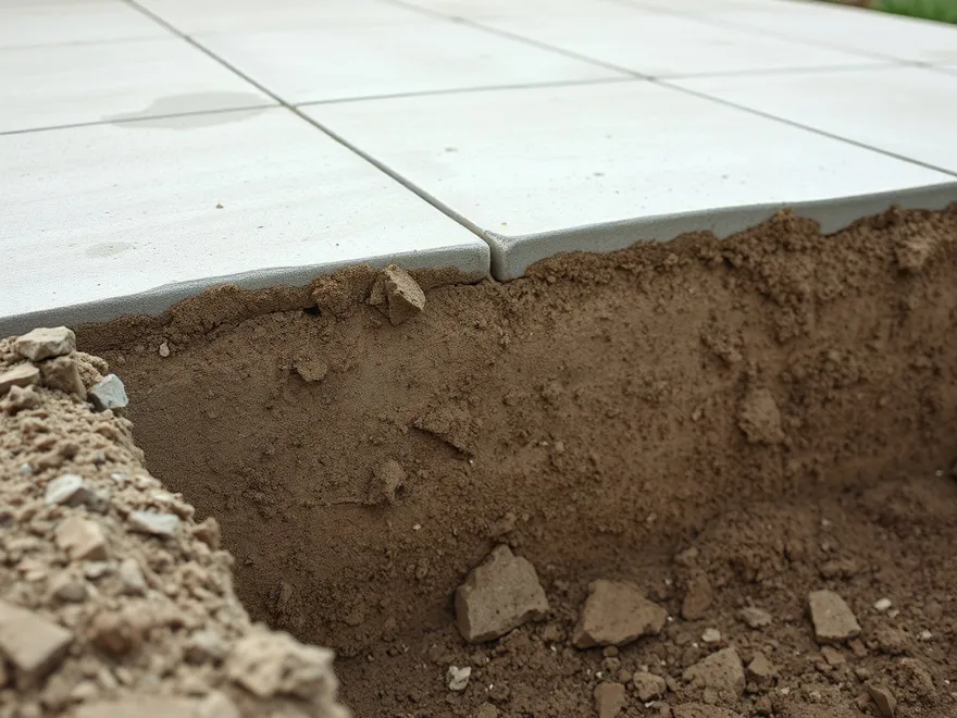 Uneven compacted fill soil beneath a residential concrete slab edge seen in an excavated trench
