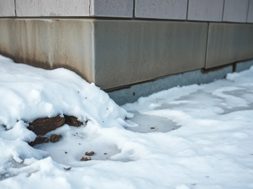 Frost heave visible where frozen soil has lifted against a concrete foundation wall in winter